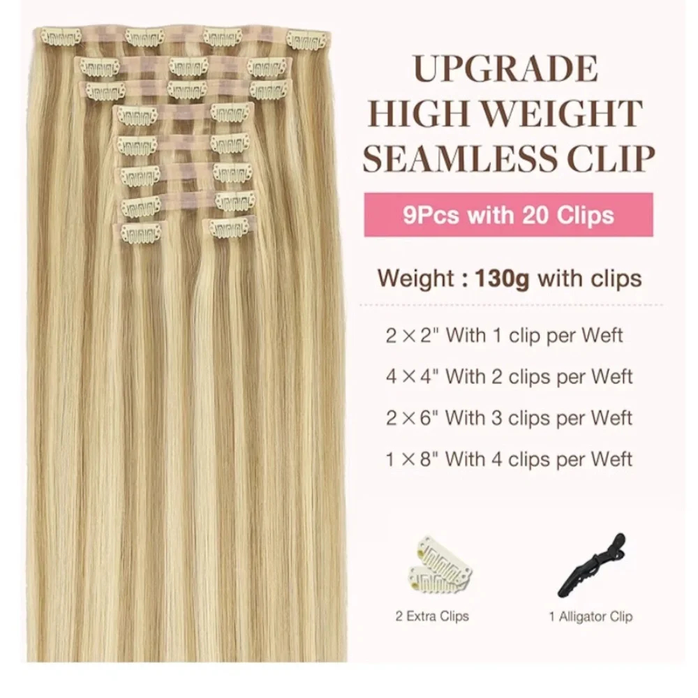 Seamless Clip-In Remy Extensions 100% Human Hair 130g 9Pc Full Head P18A/613 14”